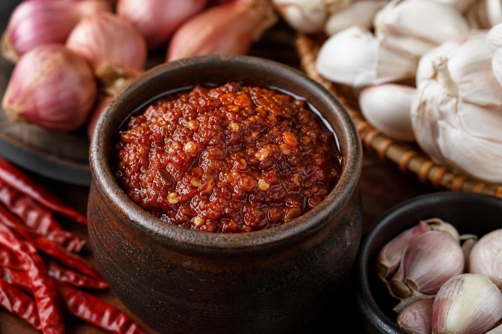 Nam Prik Pao Roasted Chili Paste, plated and ready to serve