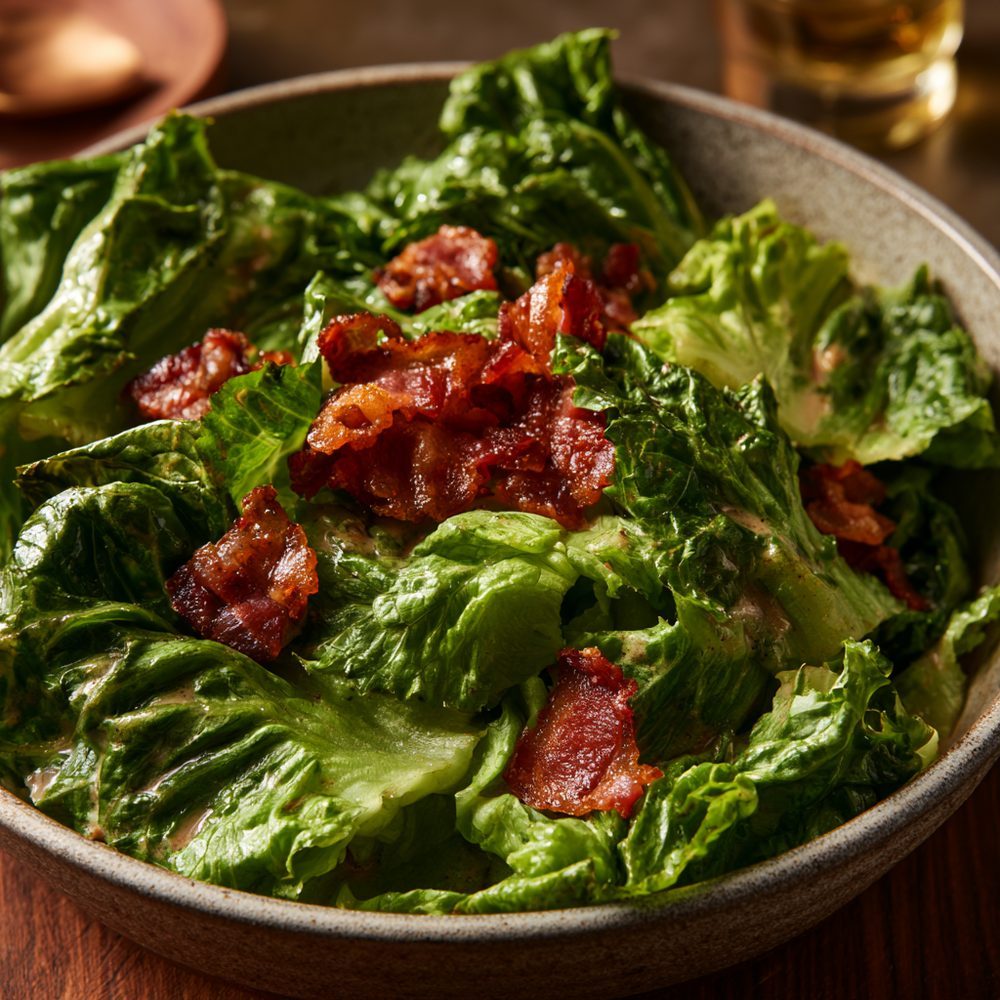 Wilted Lettuce Salad with Hot Bacon Dressing, plated and ready to serve