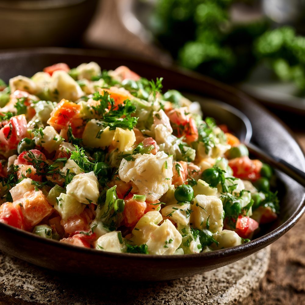 Polish Sałatka Jarzynowa-less, Egg & Veggie Salad, plated and ready to serve