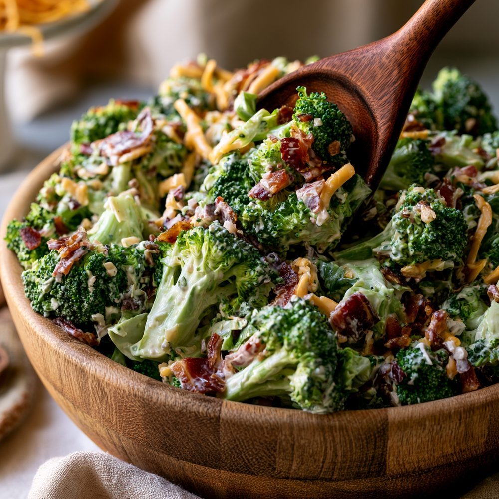 Bacon and Cheddar Broccoli Salad, plated and ready to serve