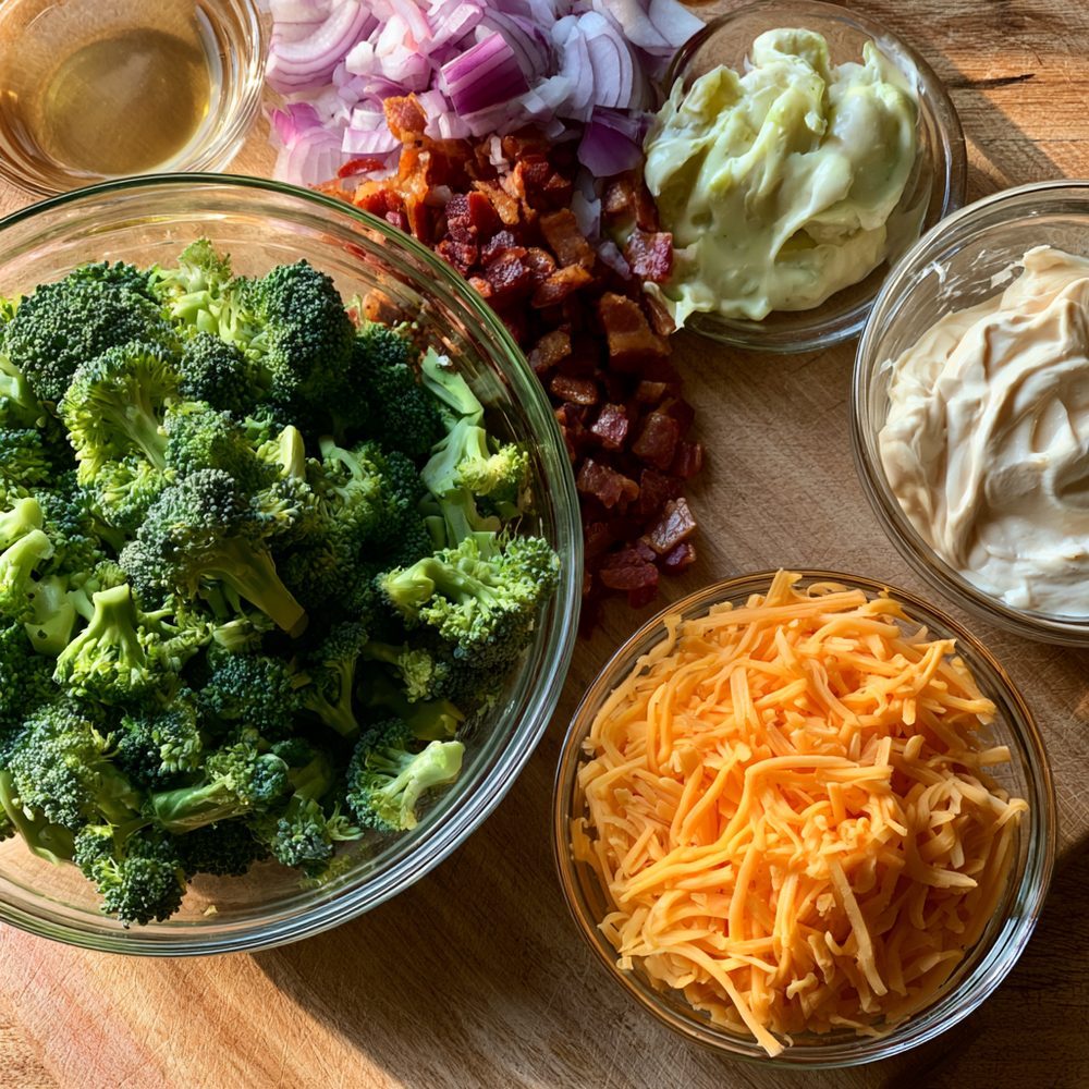 Ingredients for Bacon and Cheddar Broccoli Salad