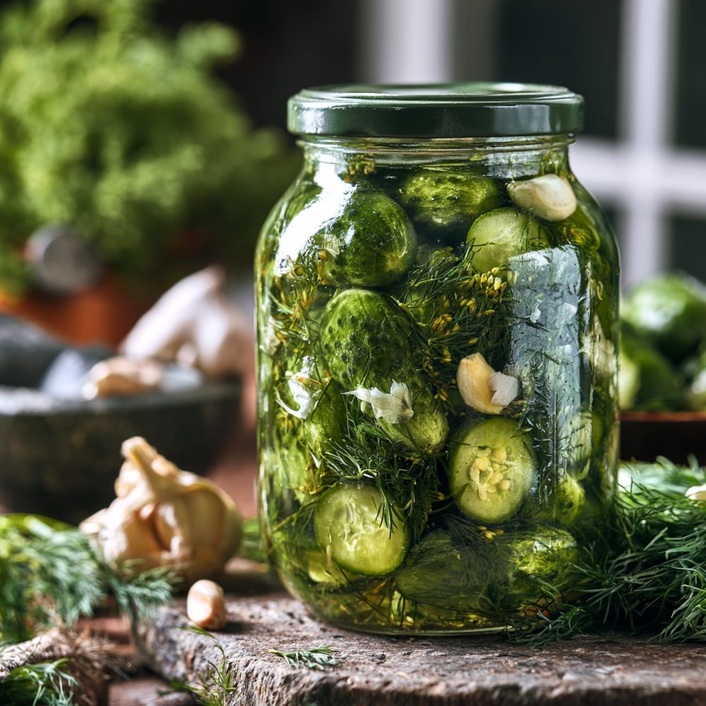 Polish Ogórki Kiszone, Pickled Cucumber Side, plated and ready to serve