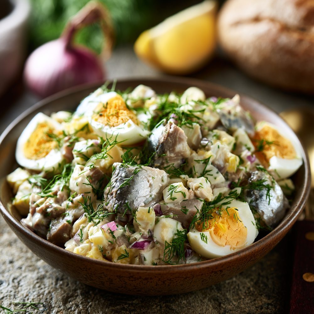 Polish Sałatka Śledziowa, Herring Salad, plated and ready to serve
