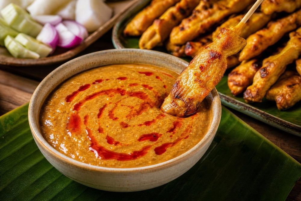 Satay Peanut Sauce Keto Version, plated and ready to serve