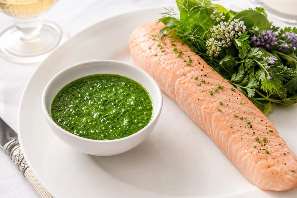 Sauce Verte Fines Herbes, plated and ready to serve