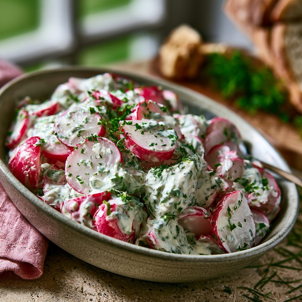Polish Rzodkiewki w Śmietanie, Radish & Sour Cream Salad, plated and ready to serve