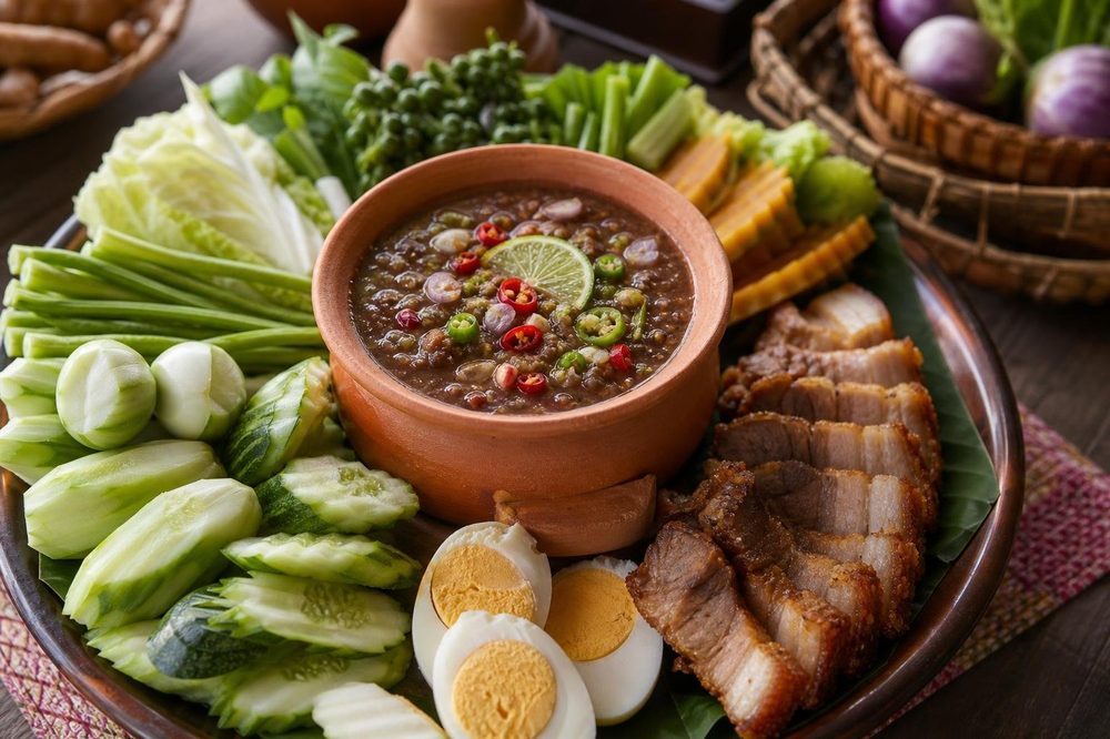 Nam Prik Kapi Shrimp Paste Dip, plated and ready to serve