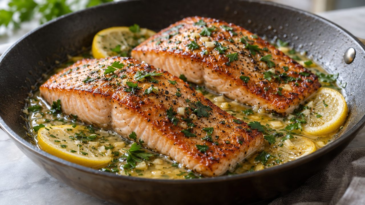 Keto Irish Salmon Fillets in Lemon Butter, plated and ready to serve