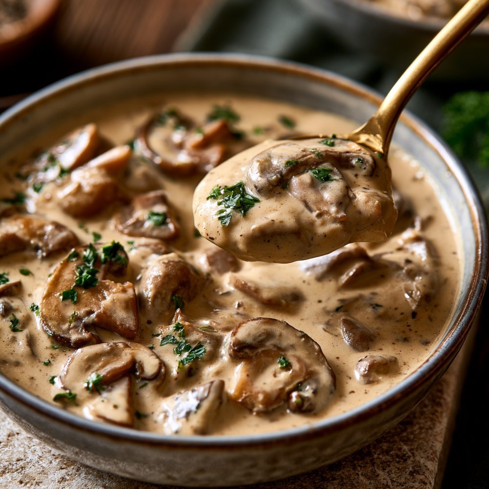 Polish Grzybowy Sos, Mushroom Sauce, plated and ready to serve