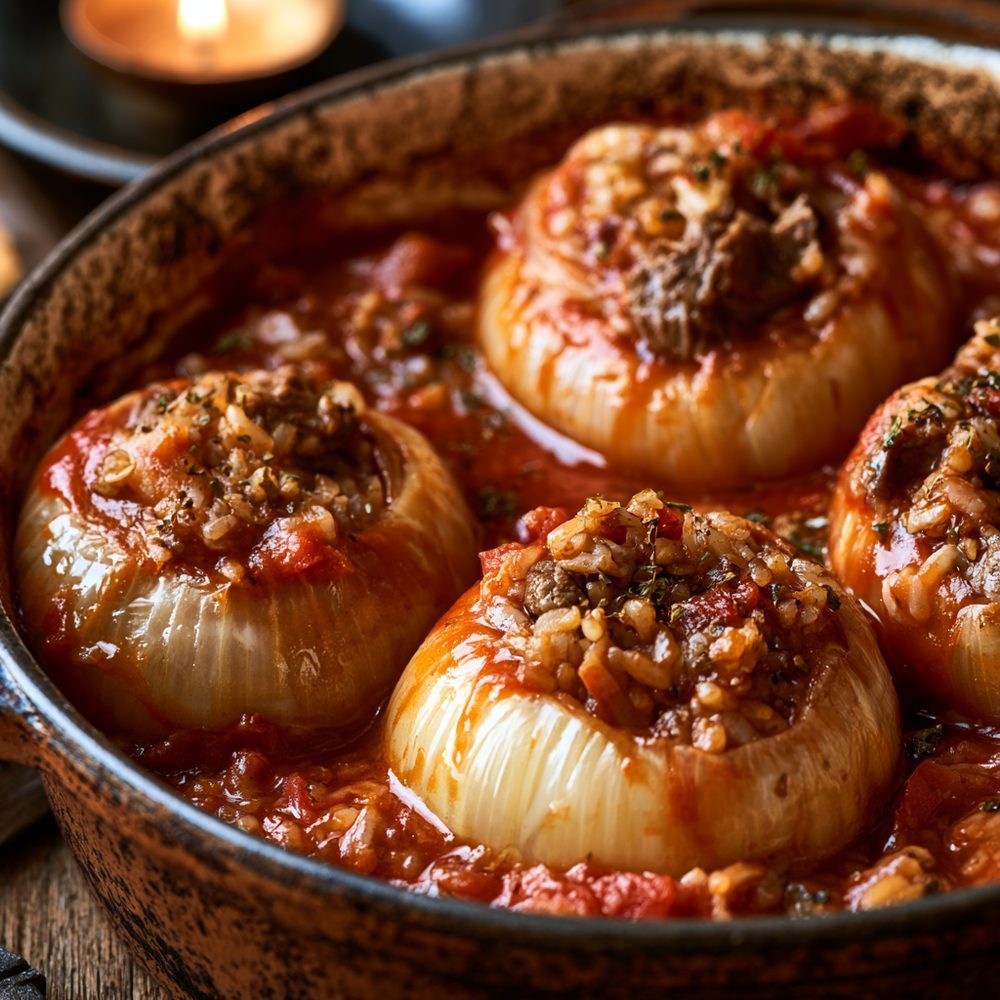 Sukkot Stuffed Onions with Beef and Rice, plated and ready to serve
