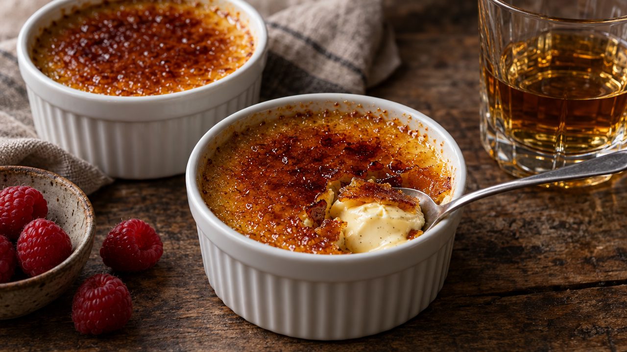 Keto Irish Whiskey Crème Brûlée, plated and ready to serve