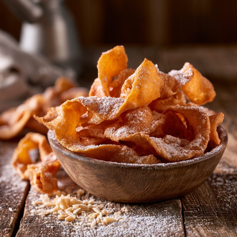 Polish Faworki-Style Almond Crisps, Sugar-Free, plated and ready to serve