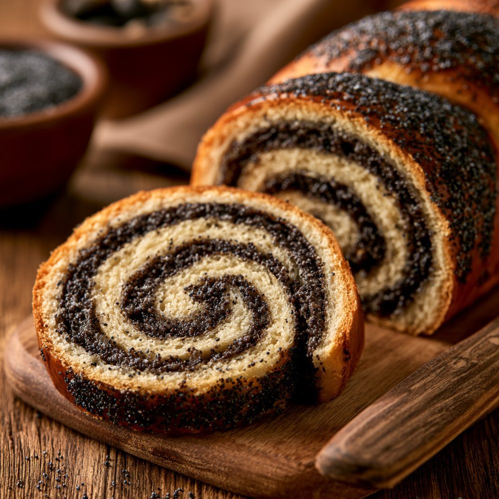 Polish Makowiec-Style Poppy Seed Roll, Sugar-Free, plated and ready to serve