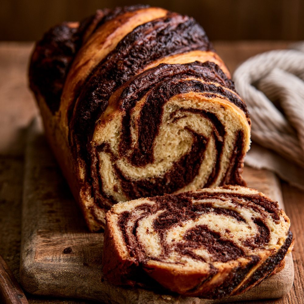 Chocolate Babka, Cream Cheese Swirl, plated and ready to serve
