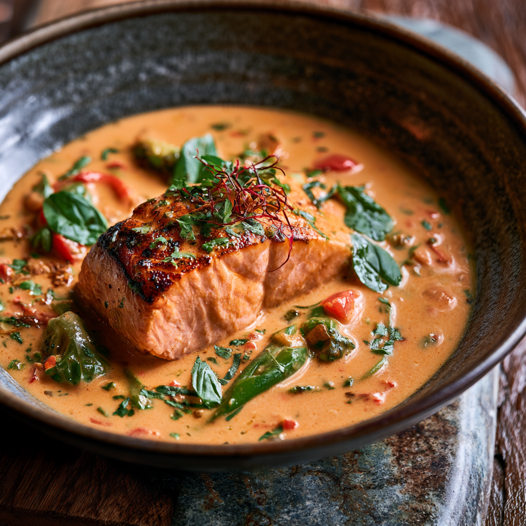 Choo Chee Pla Salmon Red Curry Salmon, plated and ready to serve