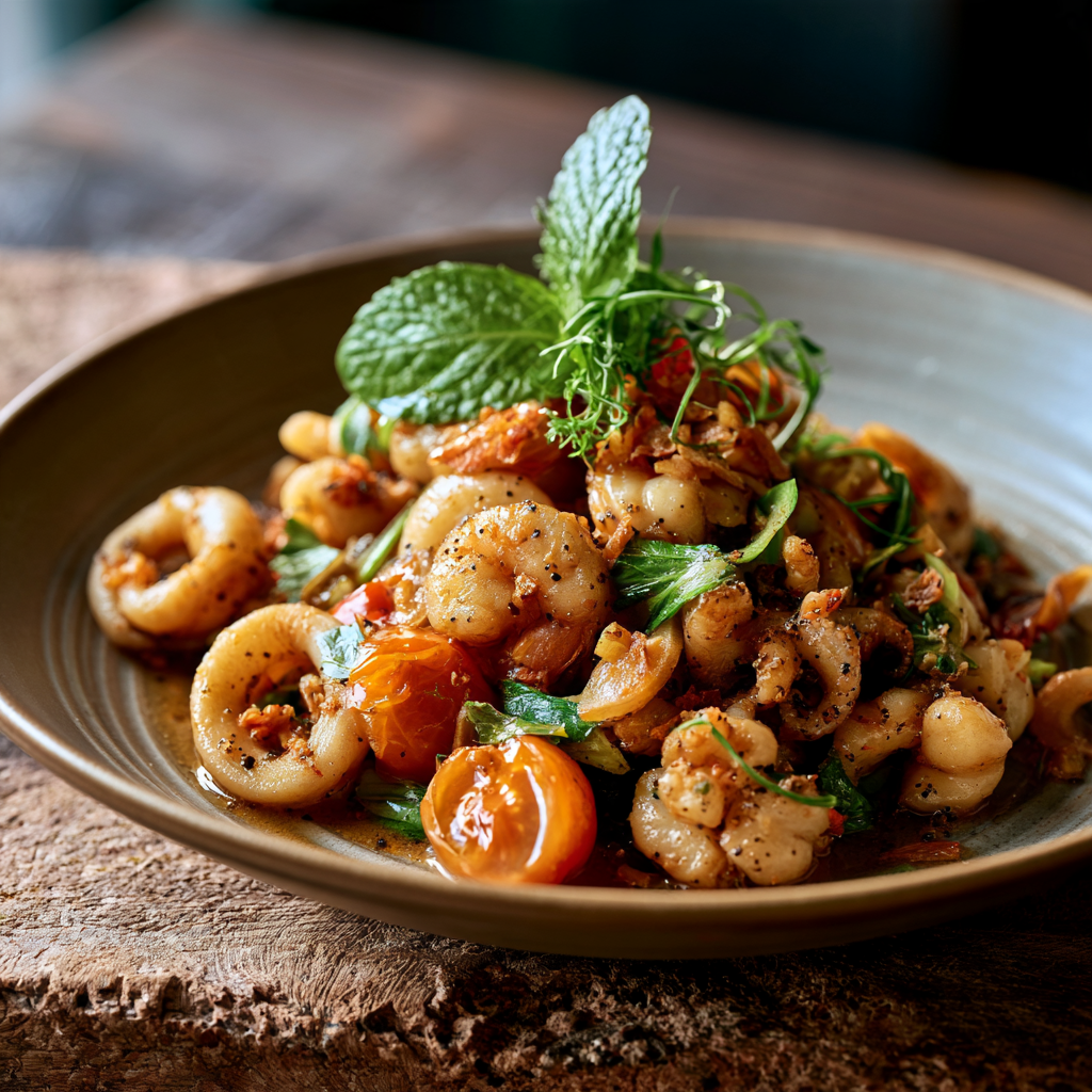 Pla Muek Pad Prik Thai Dum Black Pepper Squid, plated and ready to serve