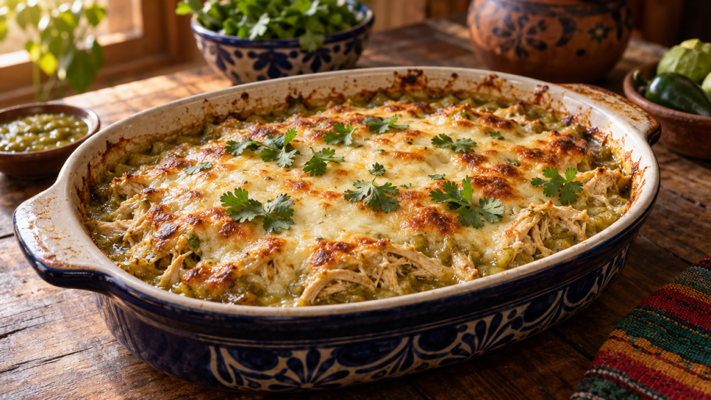 Cheesy Chicken Chile Verde Bake in a blue-and-white casserole dish