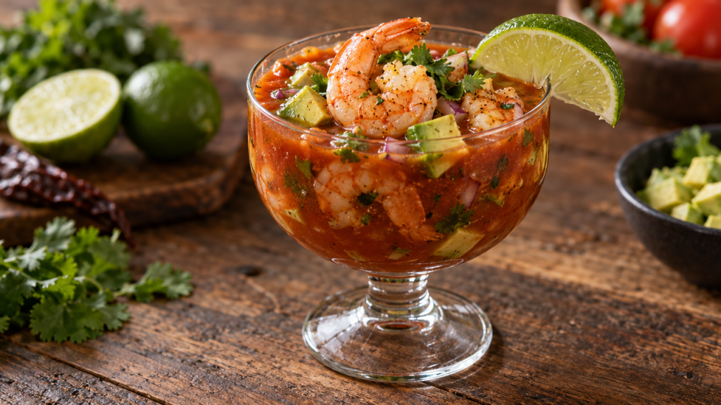 Chipotle Shrimp Cocktail (Cóctel de Camarón Keto) with avocado and lime