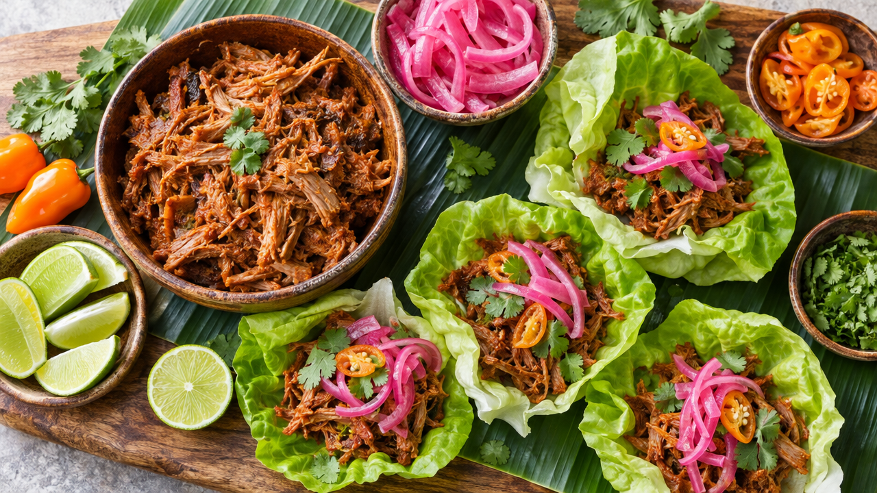 Cochinita Pibil Lettuce Taco Bar, plated and ready to serve