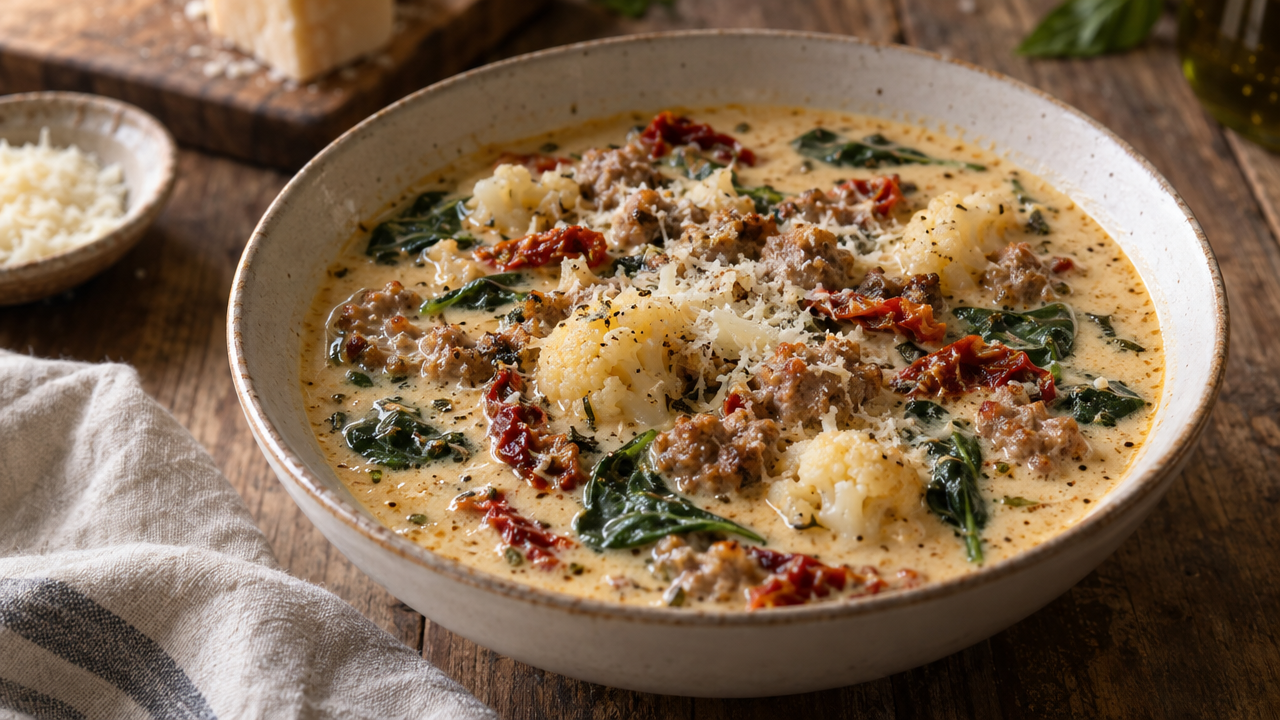 Creamy Tuscan soup with sausage and spinach