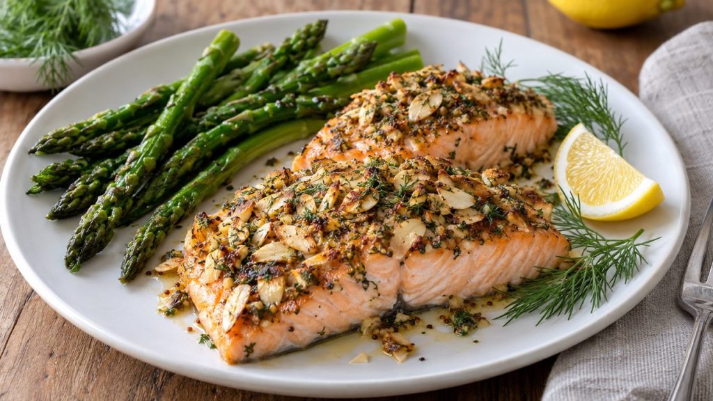 Baked Salmon with Dill-Mustard Crust, plated and ready to serve