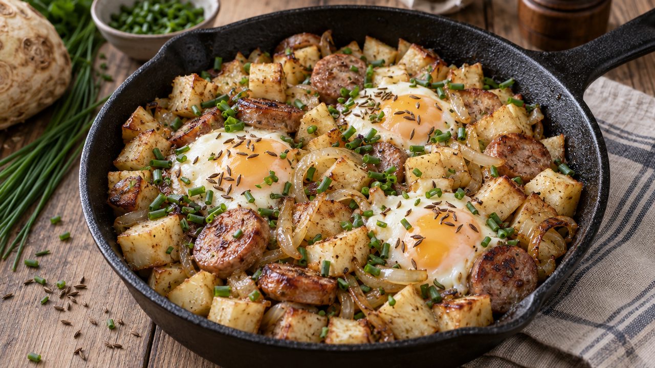 Bauernfrühstück Farmer's Breakfast Skillet, plated and ready to serve