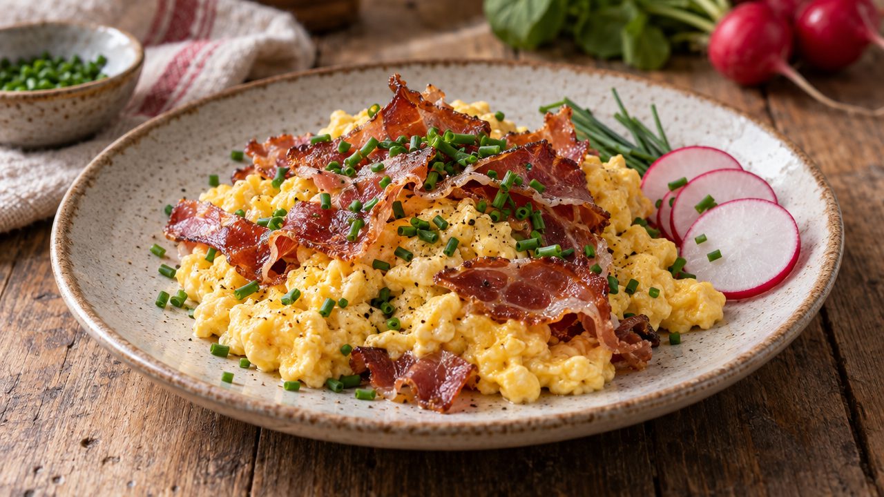 Bavarian Speck & Chive Scrambled Eggs, plated and ready to serve