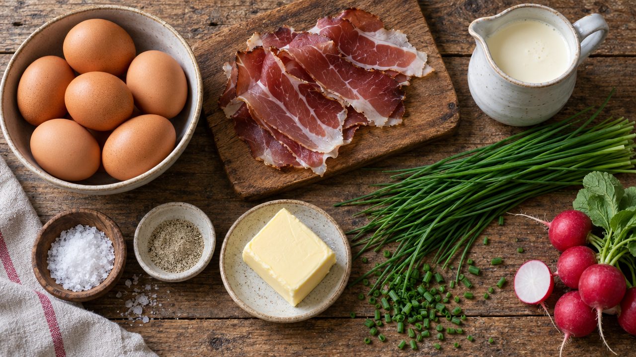 Ingredients for Bavarian Speck & Chive Scrambled Eggs
