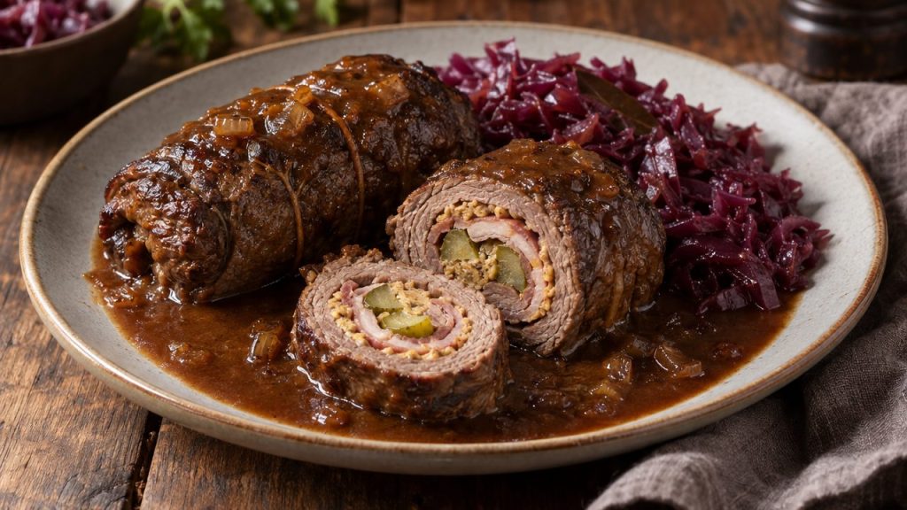 Beef Rouladen with Bacon & Pickle, plated and ready to serve
