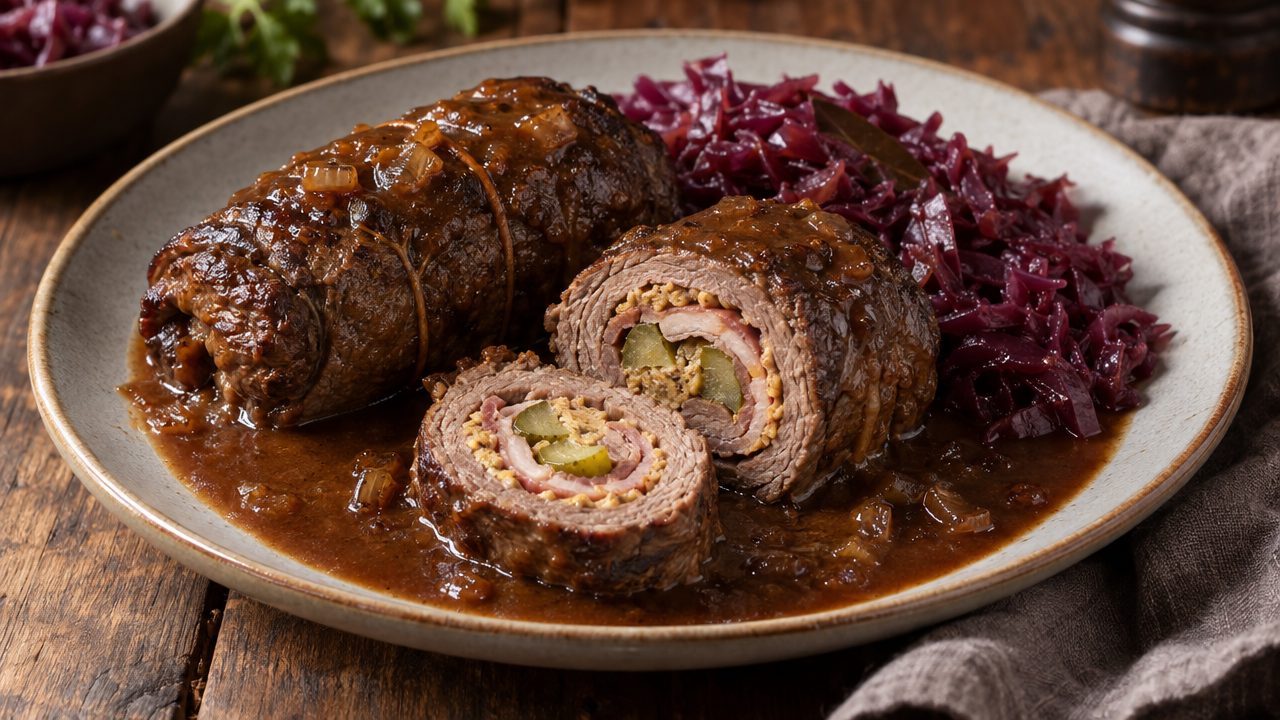 Beef Rouladen with Bacon & Pickle, plated and ready to serve