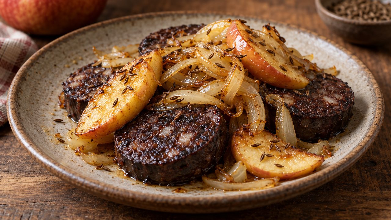 Blutwurst with Caramelised Apples & Onions, plated and ready to serve