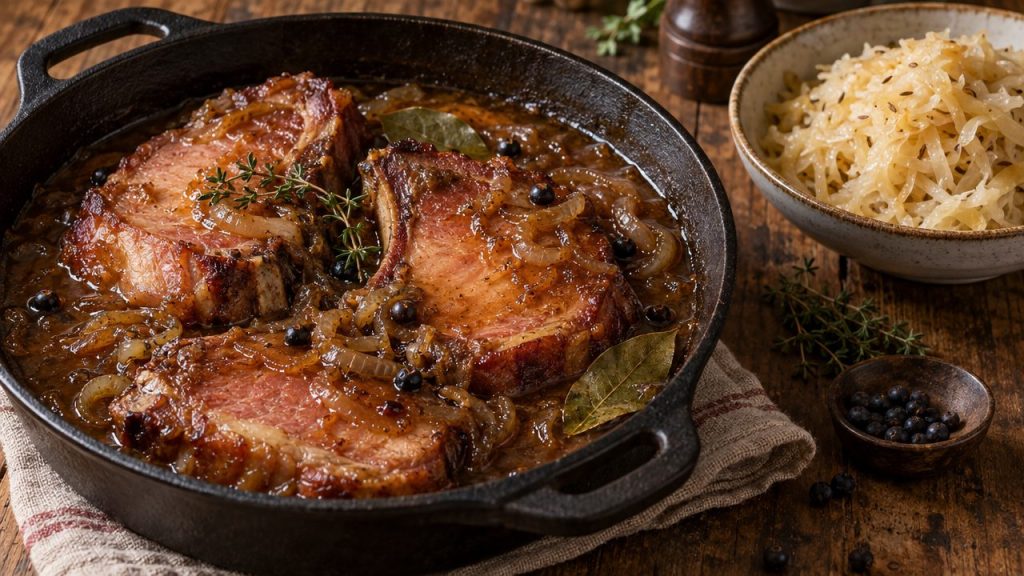 Braised Kassler Smoked Pork Chop, plated and ready to serve