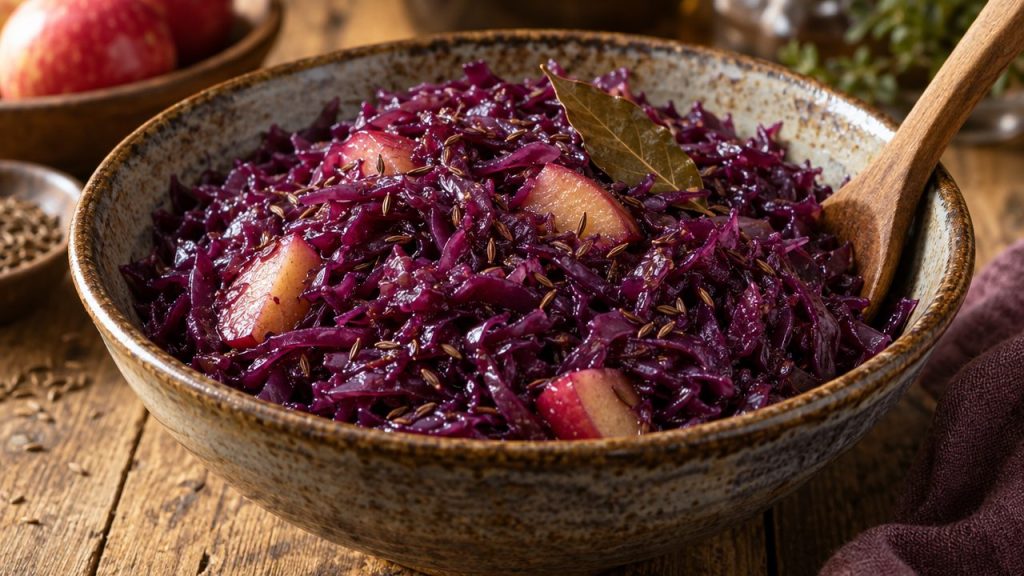 Braised Red Cabbage with Apple & Caraway, plated and ready to serve