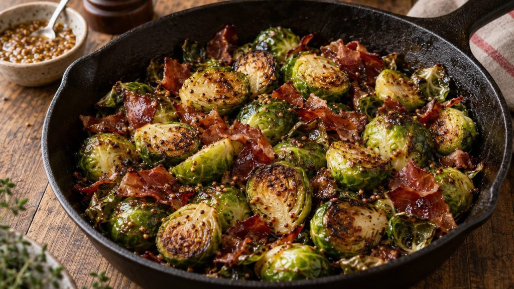 Brussels Sprouts with Speck & Mustard, plated and ready to serve