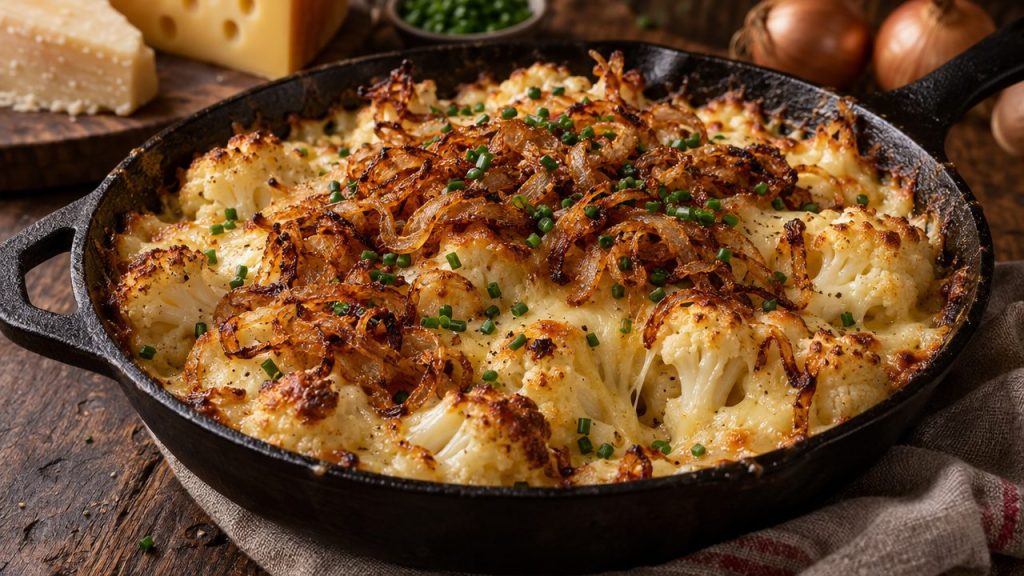 Cauliflower Käsespätzle, plated and ready to serve