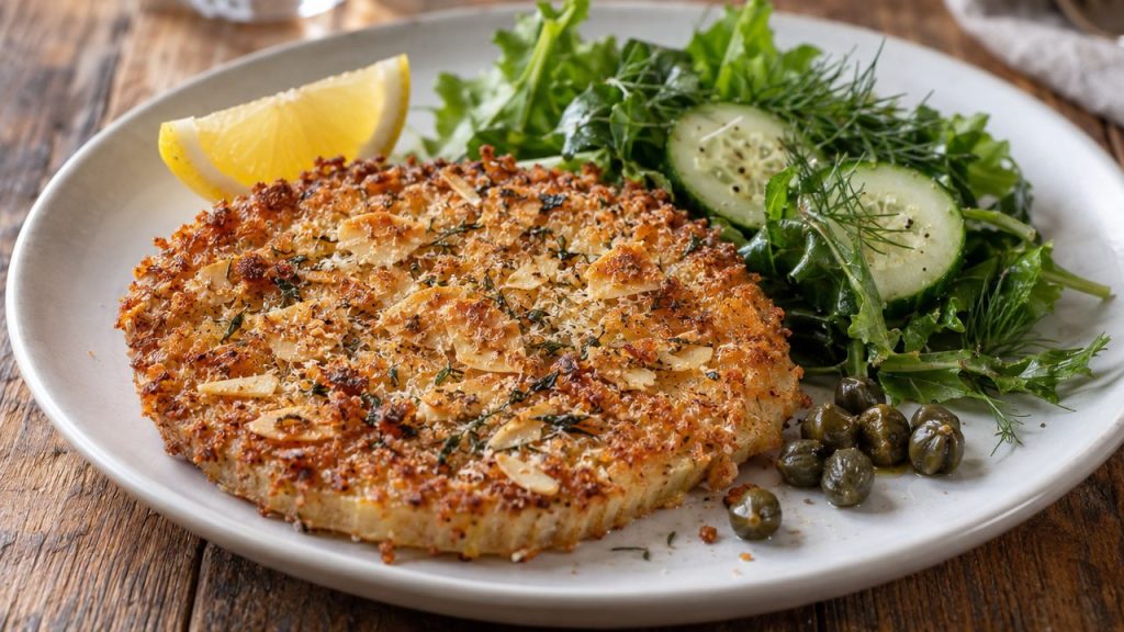 Celeriac Schnitzel with Almond Crust, plated and ready to serve