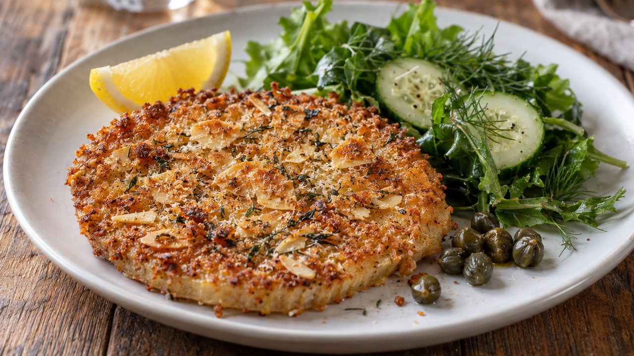 Celeriac Schnitzel with Almond Crust, plated and ready to serve