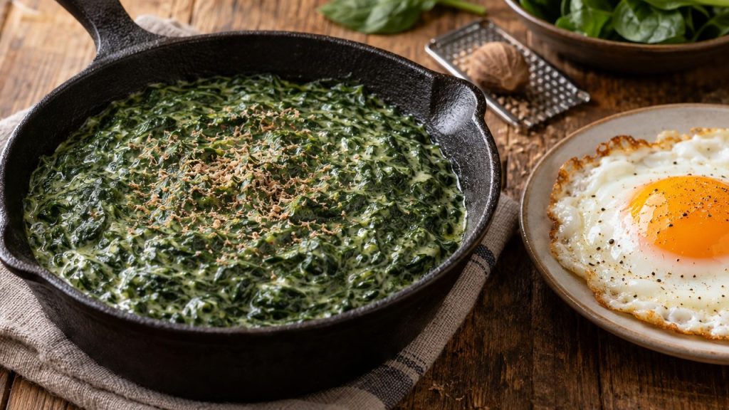 Creamed Spinach with Nutmeg, plated and ready to serve