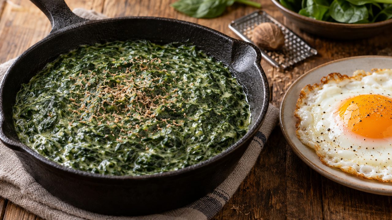 Creamed Spinach with Nutmeg, plated and ready to serve
