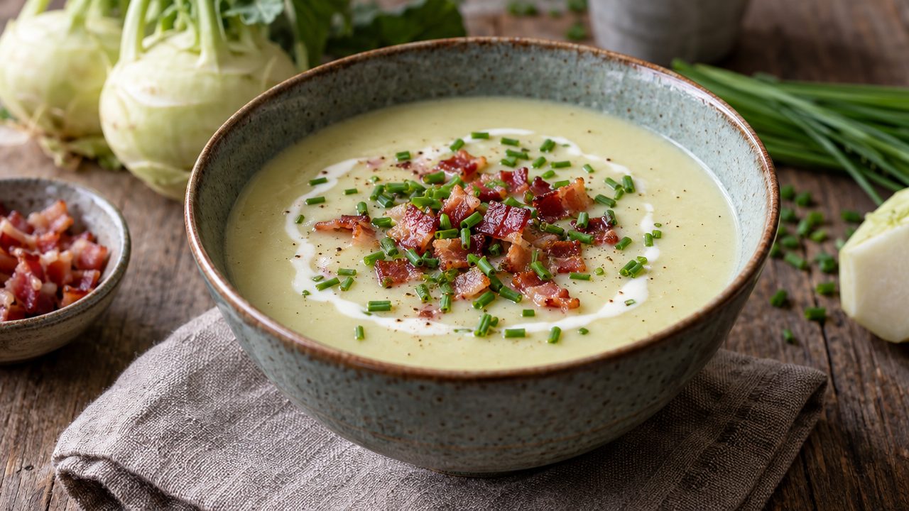 Creamy Kohlrabi & Speck Bisque, plated and ready to serve
