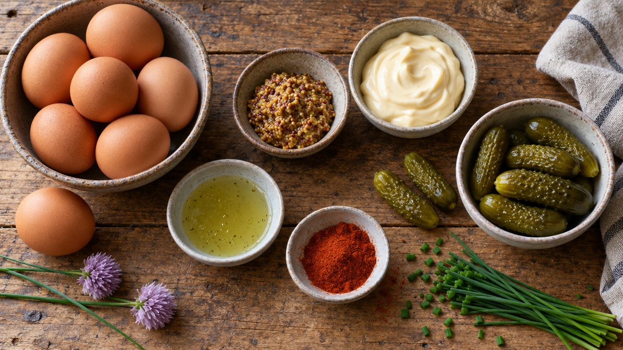 Ingredients for Deviled Eggs with Pickle & Mustard