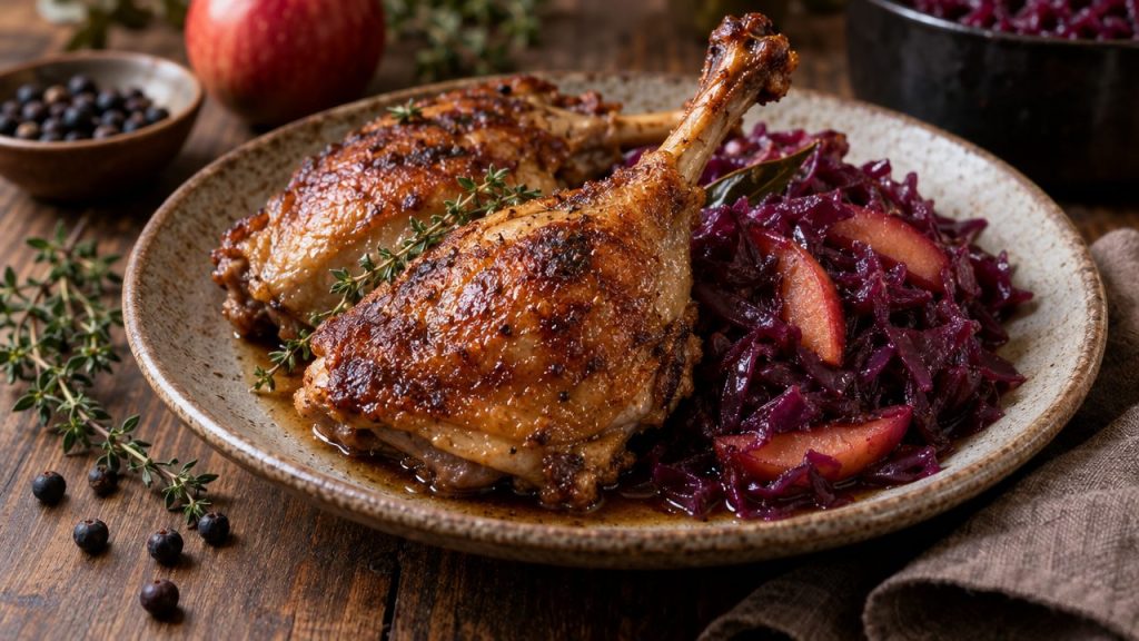 Duck Legs with Braised Red Cabbage, plated and ready to serve
