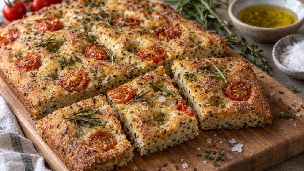 Flaxseed & Herb Focaccia Brot, plated and ready to serve
