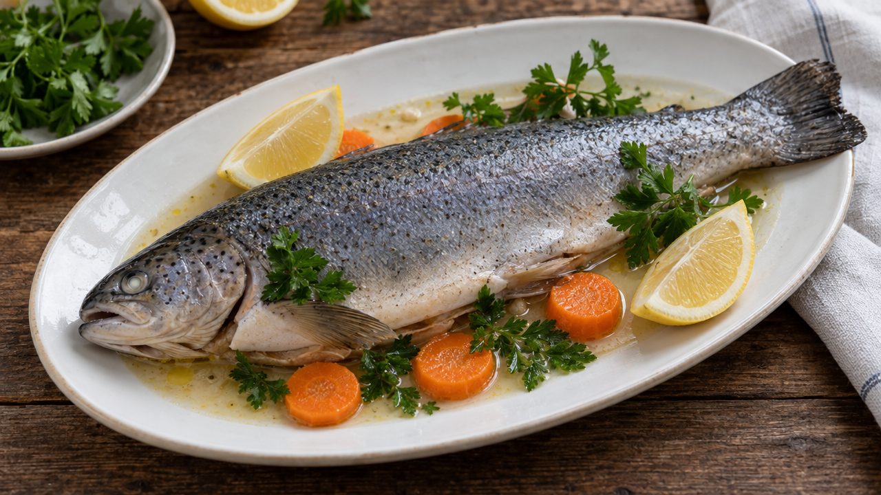 Forelle Blau Poached Trout, plated and ready to serve