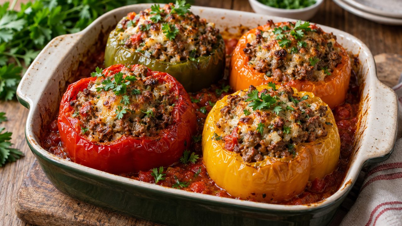 Gefüllte Paprika Stuffed Peppers, plated and ready to serve