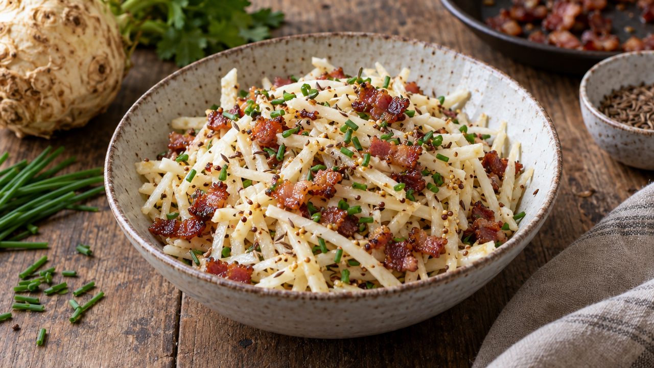 German Celeriac Salad with Hot Bacon, plated and ready to serve