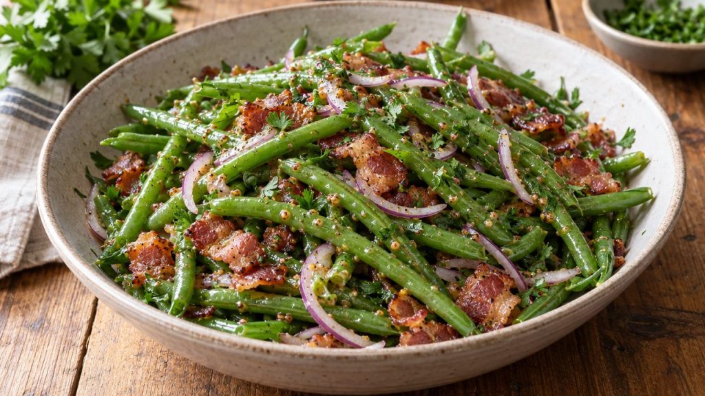 Green Bean Salad with Hot Bacon Dressing, plated and ready to serve