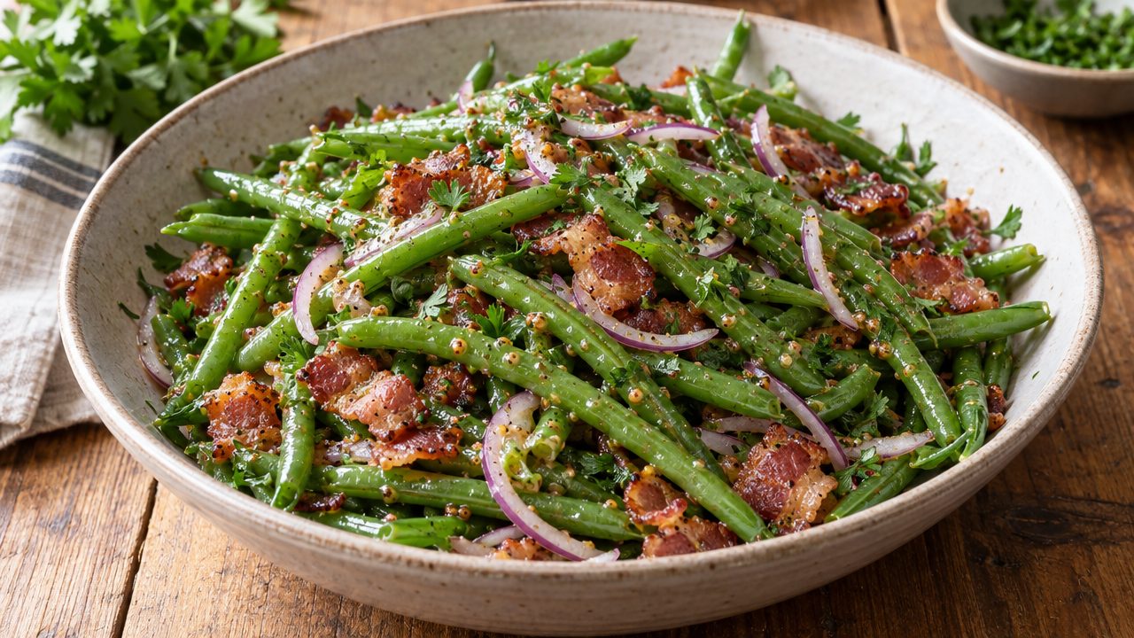 Green Bean Salad with Hot Bacon Dressing, plated and ready to serve