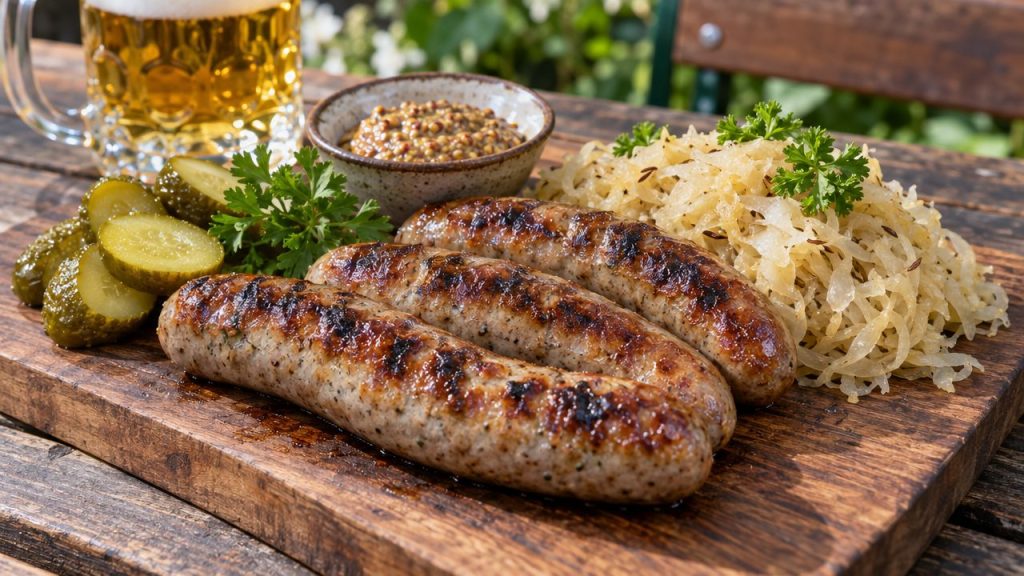 Grilled Bratwurst Platter with Sauerkraut, plated and ready to serve