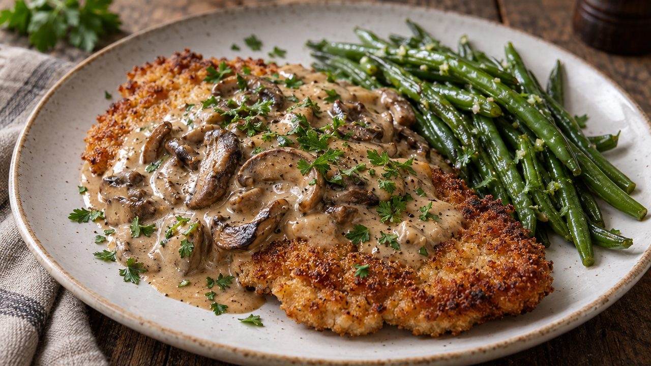 Jägerschnitzel with Wild Mushroom Cream, plated and ready to serve